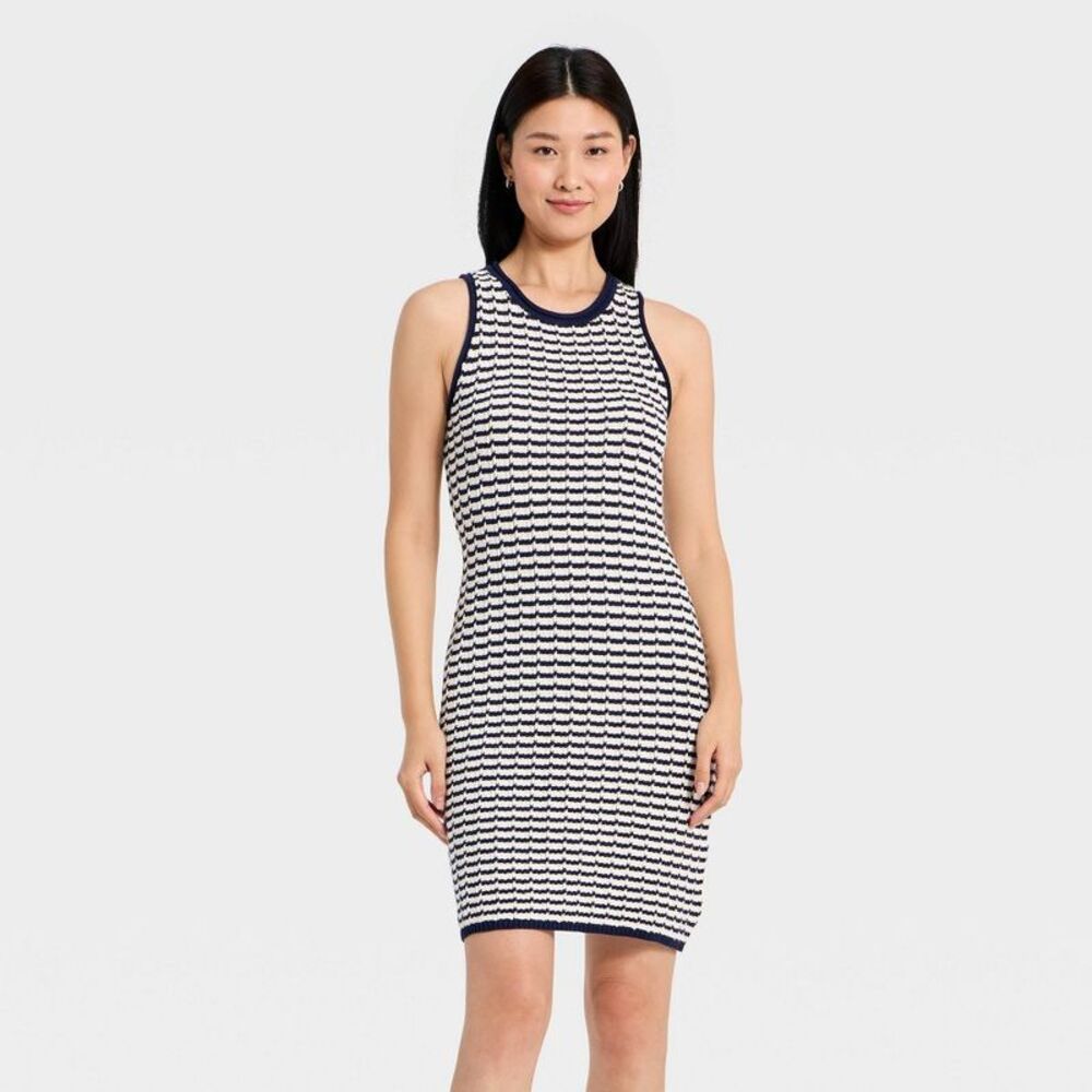 Women's Crochet Mini Sweater Dress - A New Day Navy Blue Striped XS